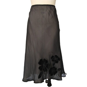Vintage 90s Midi Skirt Size M 100% Silk Black Floral Velvet Lace Semi Sheer